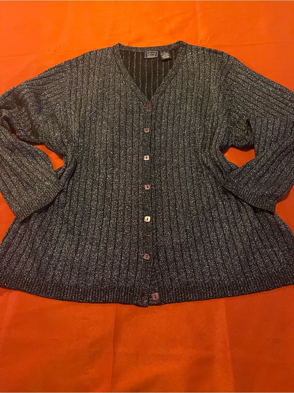 Metallic Knit V-Neck Button Cardigan Sweater - Black/Silver Threads